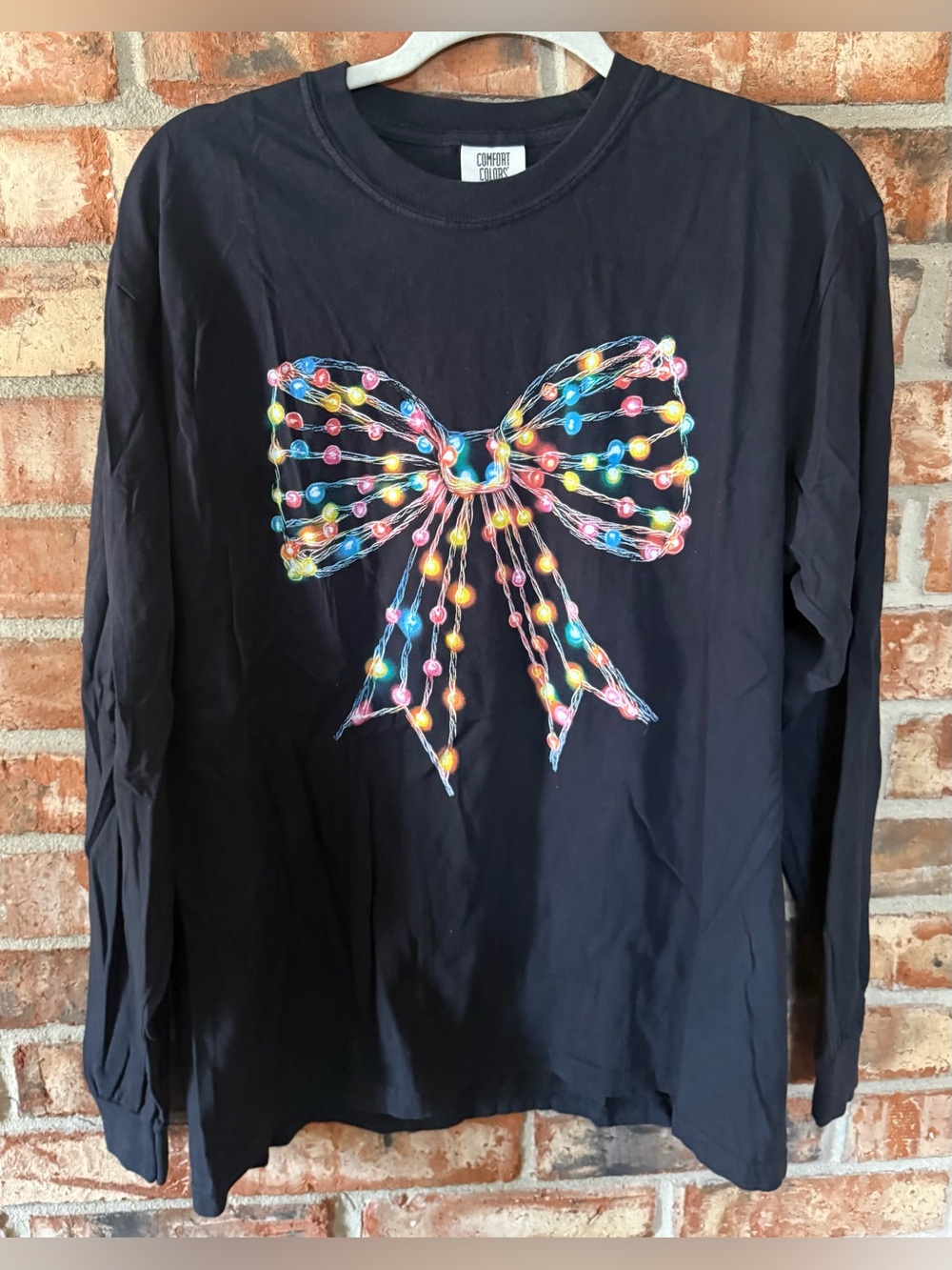 Comfort Colors Black Long-Sleeve Tee with Multicolor Light Bow